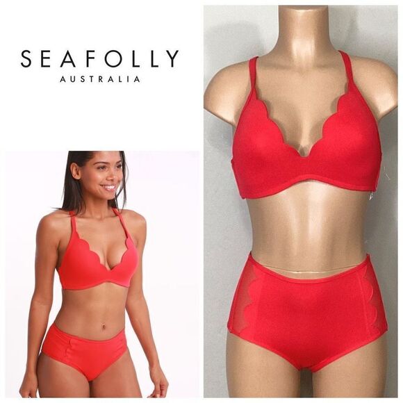 New. Seafolly red petal edge high rise bikini. USA SIZE 8DD/6-bottom - Picture 1 of 16